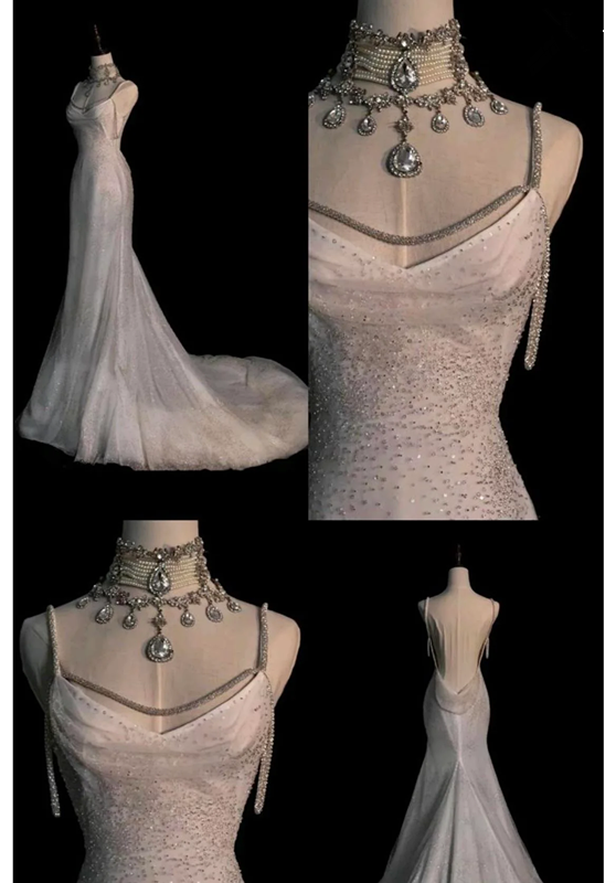 Robes de mariée sirène de conte de fées bretelles scintillantes robe de mariée dos nu C307