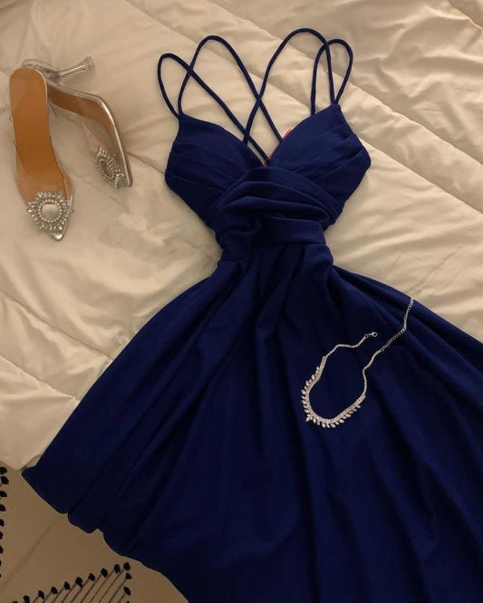 Robe de soirée bleu royal modeste à bretelles spaghetti en ligne A C3074