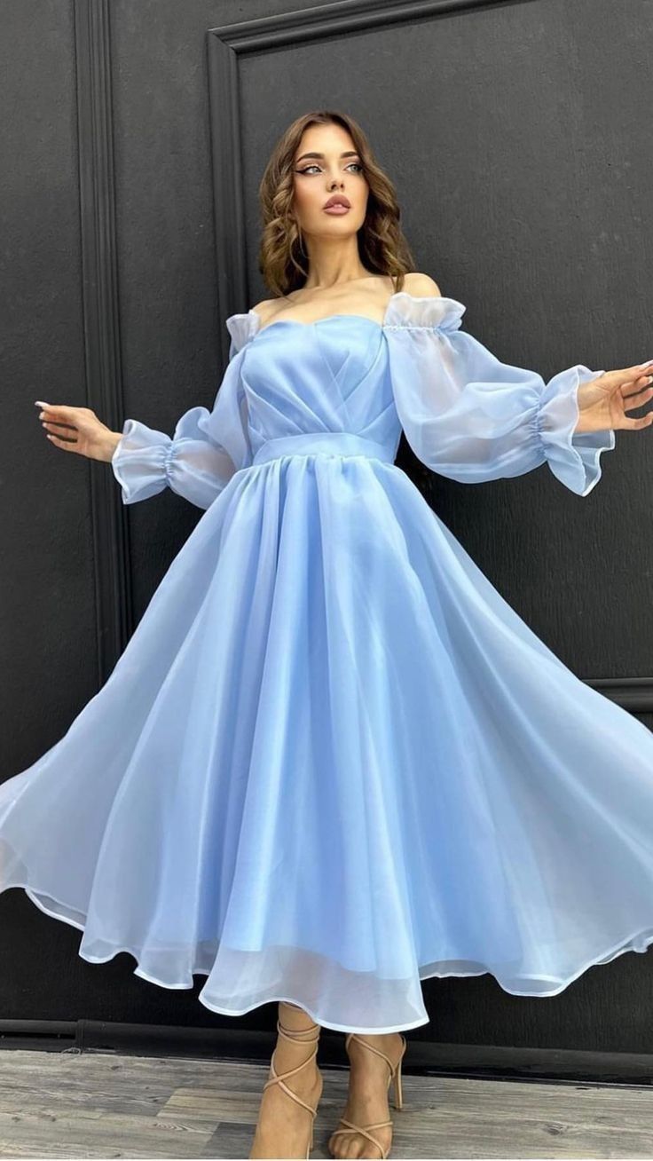 Robe de soirée vintage en organza bleu ciel clair sans bretelles, coupe A-line C3080