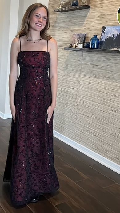 Robe de soirée longue vintage à bretelles spaghetti bordeaux à paillettes C3084