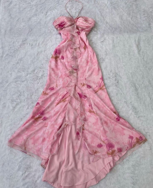 Robe de soirée longue en mousseline de soie rose à fleurs et col licou style sirène vintage C3088