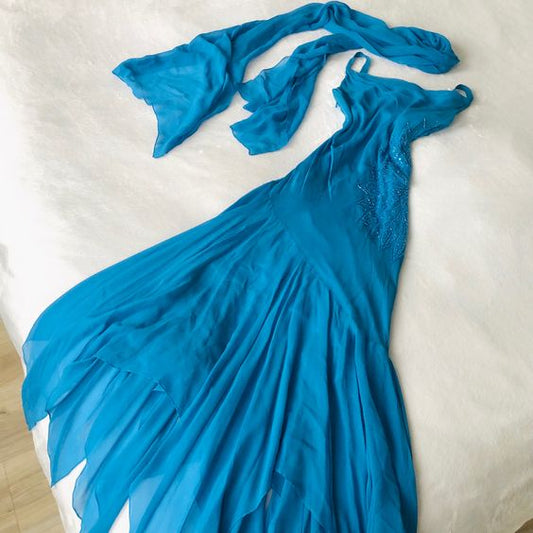 Vintage Mermaid Spaghetti Straps Blue Chiffon Long Prom Dresses Evening Dress C3090