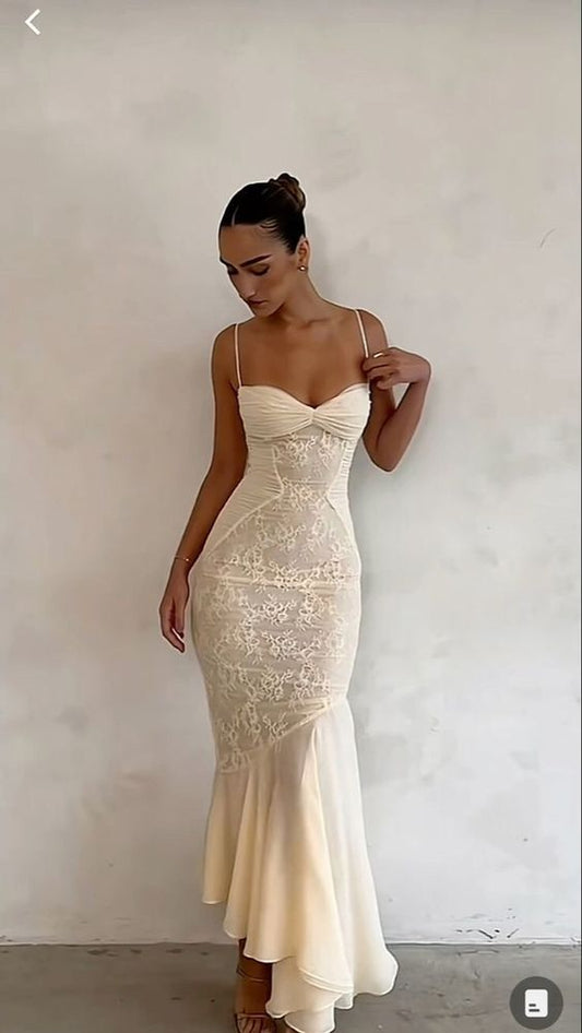 Vintage Mermaid Spaghetti Straps Ivory Lace Floor Length Prom Dresses Chiffon Evening Dress C3097