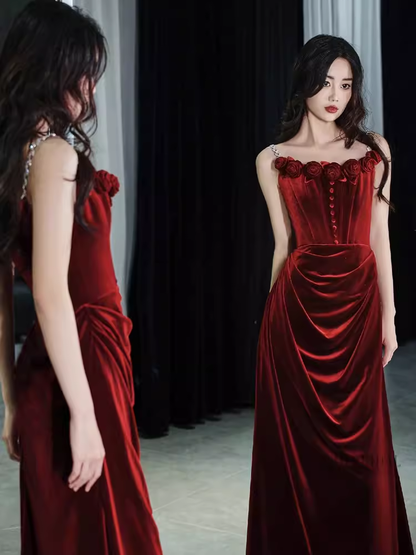 Vintage Mermaid Burgundy Velvet Long Prom Dresses C30