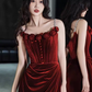 Vintage Mermaid Burgundy Velvet Long Prom Dresses C30