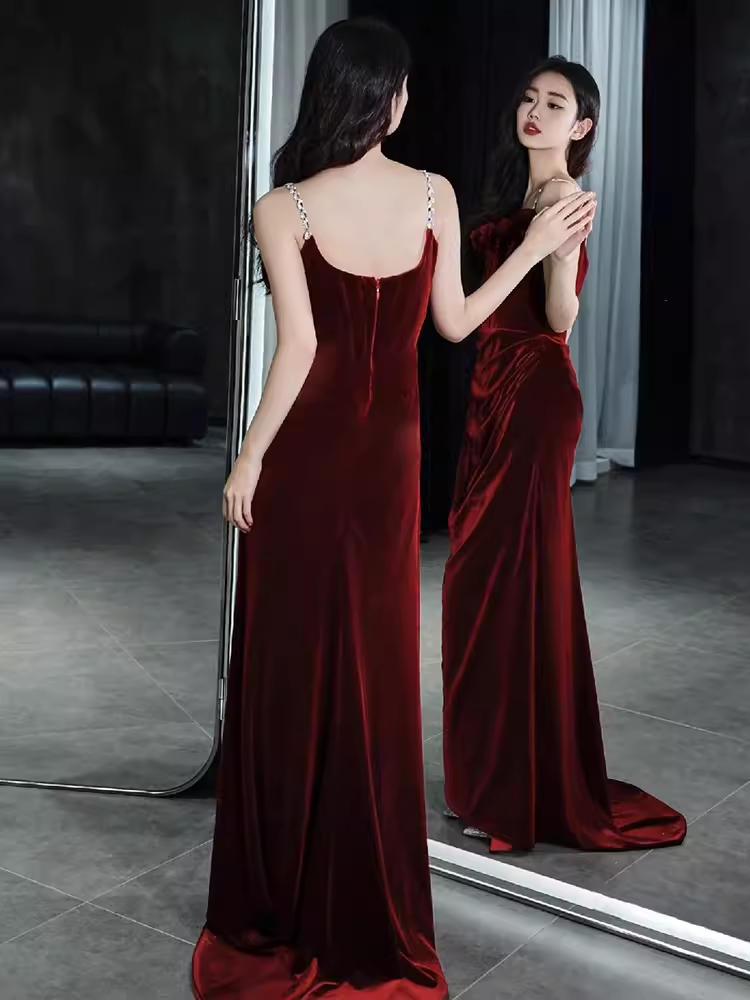 Vintage Mermaid Burgundy Velvet Long Prom Dresses C30