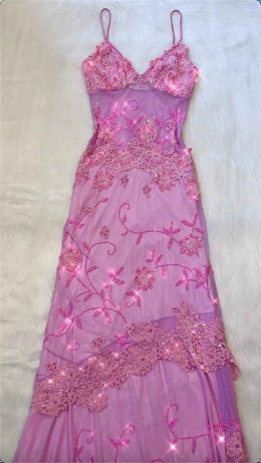 Vintage A Line Spaghetti Straps Pink Lace Floor Length Prom Dresses Beads Evening Dress C3100