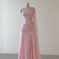 Vintage A Line One Shoulder Pink Chiffon Floor Length Prom Dresses Beads Evening Dress C3101