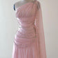 Vintage A Line One Shoulder Pink Chiffon Floor Length Prom Dresses Beads Evening Dress C3101