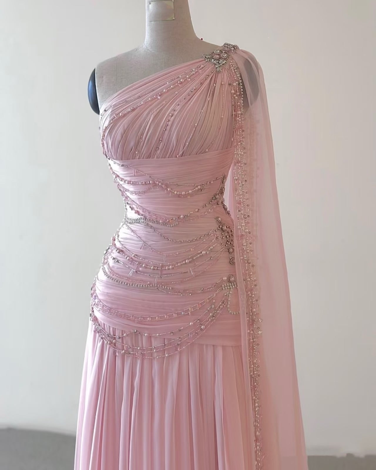 Vintage A Line One Shoulder Pink Chiffon Floor Length Prom Dresses Beads Evening Dress C3101