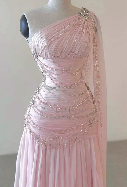 Vintage A Line One Shoulder Pink Chiffon Floor Length Prom Dresses Beads Evening Dress C3101