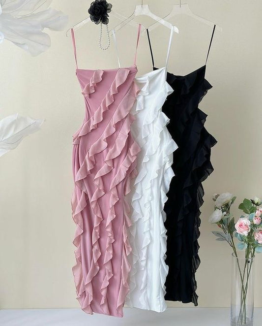 Vintage Sheath Spaghetti Straps Pink Chiffon Floor Length Prom Dresses Ruffles Evening Dress C3107