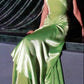 Robe de soirée longue en satin vert menthe, style vintage, ligne A, sans bretelles, avec pli, C3108