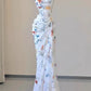 Vintage Sheath Square Neckline Long Prom Dresses White Floral Evening Dress With Ruffles C3115