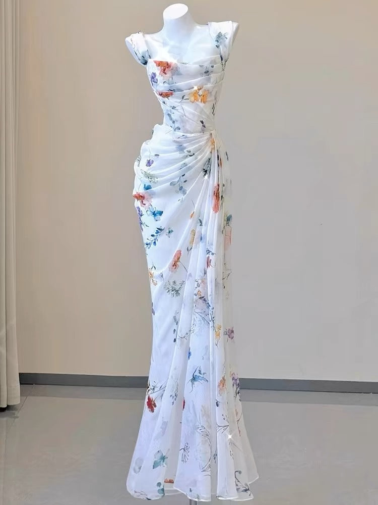 Robe de soirée longue à encolure carrée et fourreau vintage, robe de soirée blanche à fleurs avec volants C3115