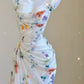 Vintage Sheath Square Neckline Long Prom Dresses White Floral Evening Dress With Ruffles C3115