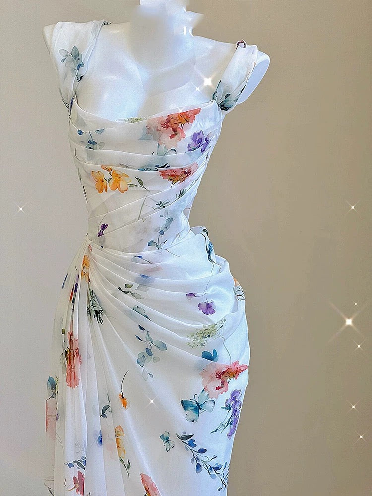 Robe de soirée longue à encolure carrée et fourreau vintage, robe de soirée blanche à fleurs avec volants C3115