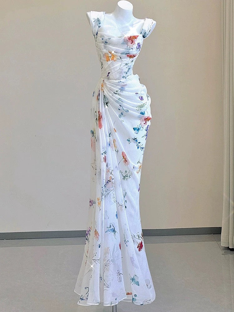 Vintage Sheath Square Neckline Long Prom Dresses White Floral Evening Dress With Ruffles C3115