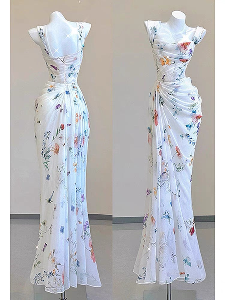 Vintage Sheath Square Neckline Long Prom Dresses White Floral Evening Dress With Ruffles C3115