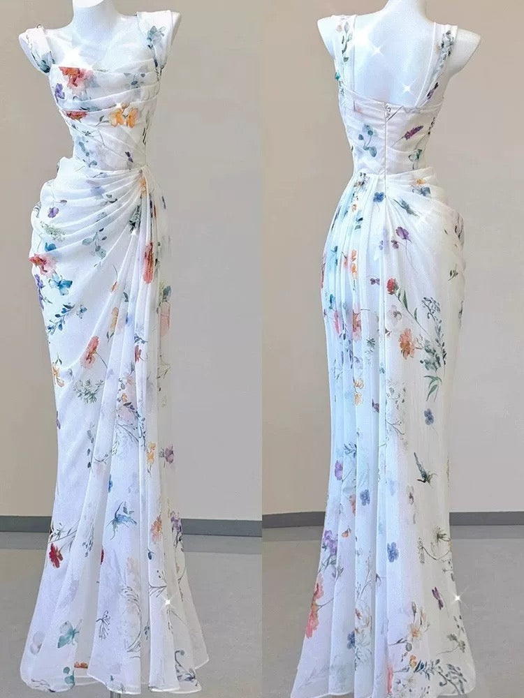 Robe de soirée longue à encolure carrée et fourreau vintage, robe de soirée blanche à fleurs avec volants C3115