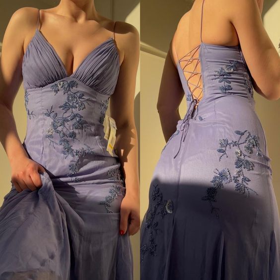 Robe de bal sirène violette à bretelles spaghetti et appliques en mousseline de soie C3119