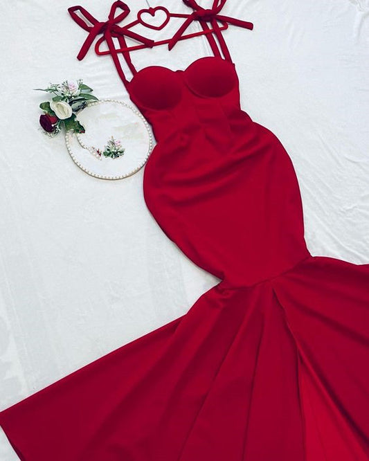 Pretty Mermaid Spaghetti Straps Red Long Party Dress, Satin Prom Dress C3124