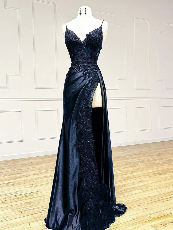 Robe de bal longue en satin et dentelle bleu foncé à col en V, robe de soirée longue en dentelle bleu foncé C3127