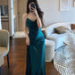 Robe de soirée longue en satin vert sirène fendue C3128