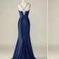 Robe de soirée longue fendue en satin bleu royal à bretelles spaghetti et jolie sirène C3135