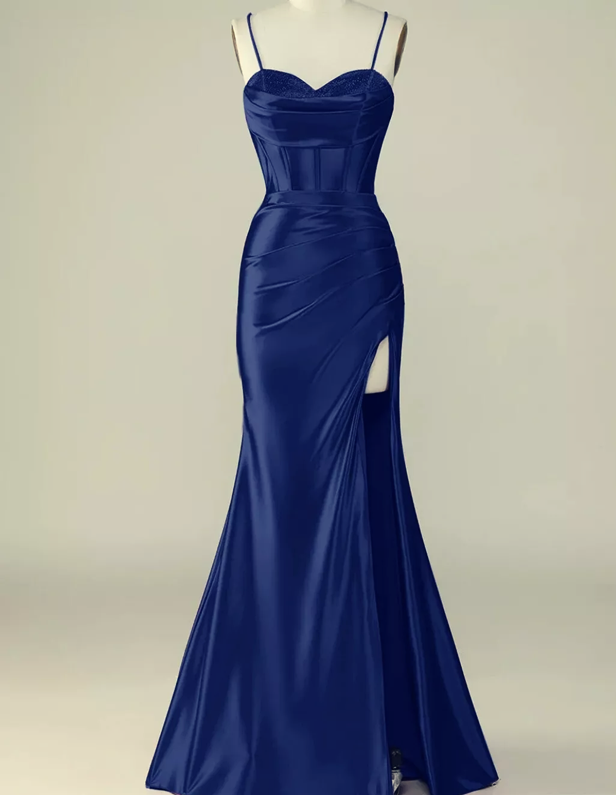 Robe de soirée longue fendue en satin bleu royal à bretelles spaghetti et jolie sirène C3135