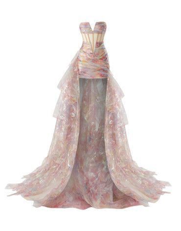 Robe de soirée longue à fleurs rose élégante à bretelles hautes et basses C3138