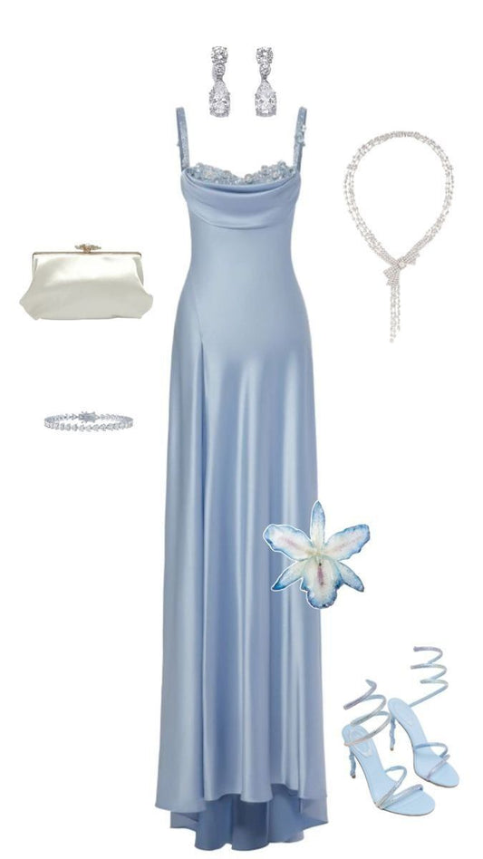 Pretty A line Straps Light Sky Blue Satin Long Party Dress Prom Dresses C3142