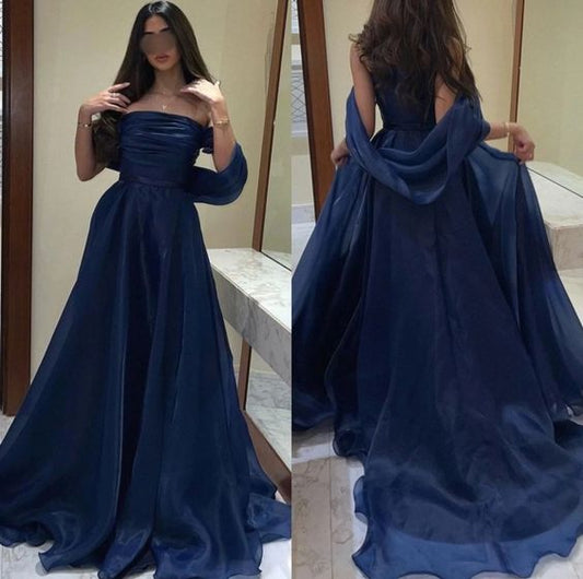 Elegant A Line Strapless Navy Blue Long Prom Dresses Evening Dress C3145