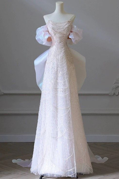 Robe de soirée de luxe élégante à épaules dénudées et perles rose clair C3158