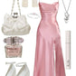 Simple Mermaid Pink Spaghetti Straps Long Prom Dress with Split C3164