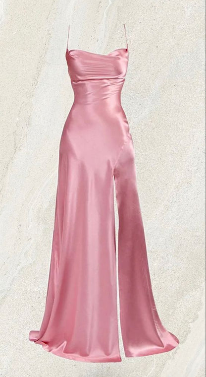 Robe de bal longue simple à bretelles spaghetti rose sirène avec fente C3164