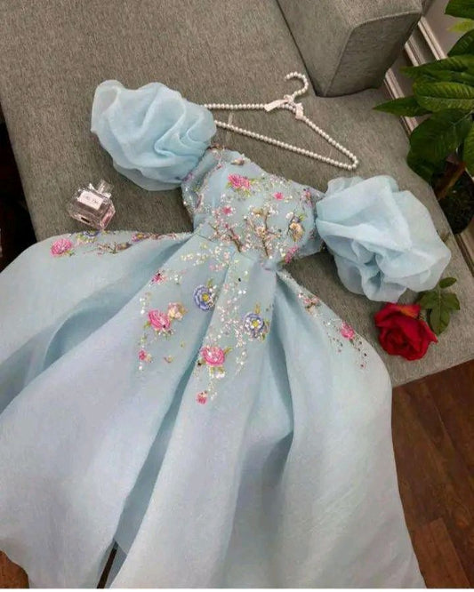 Robe de soirée longue élégante en organza bleu à décolleté carré et ligne A C3174