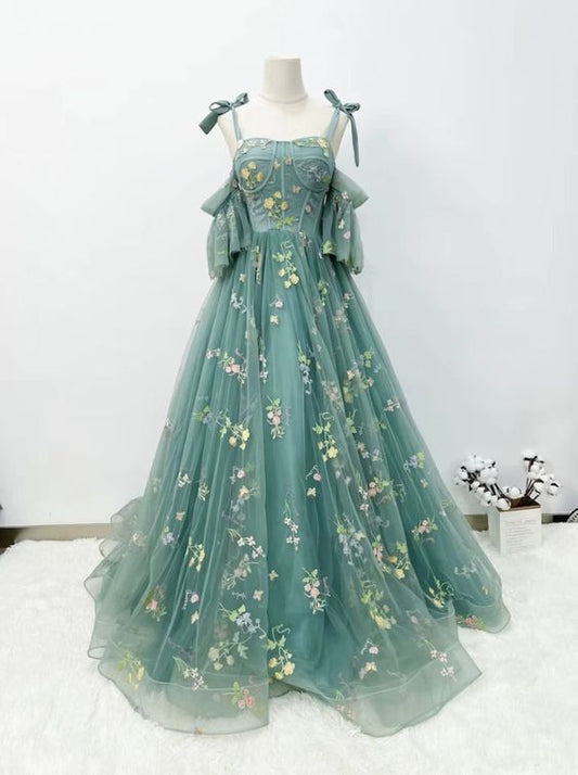 Classy Ball Gown Spaghetti Straps Green Tulle Long Prom Dresses Evening Dress C3176