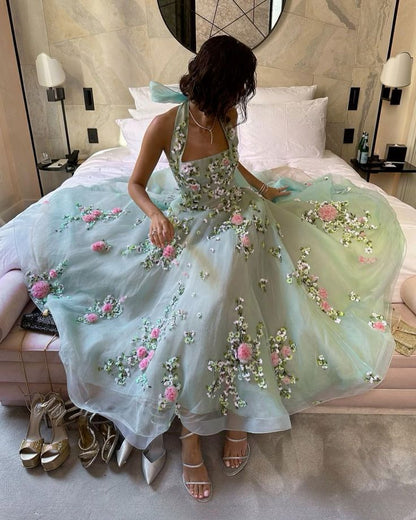 Halter Neck Flowers Embroidered Chiffon Prom Dress Green Party Dresses C3177