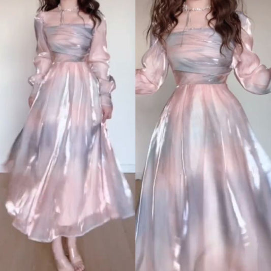 Robe de soirée élégante à encolure carrée et ligne A rose C3186