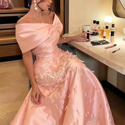 Elegant Mermaid Off The Shoulder Satin Pink Appliques Long Prom Dresses Party Dress C3188