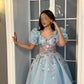 Elegant A Line Square Neckline Short Puffy Sleeves Blue Organza Long Prom Dresses Evening Dress C3190