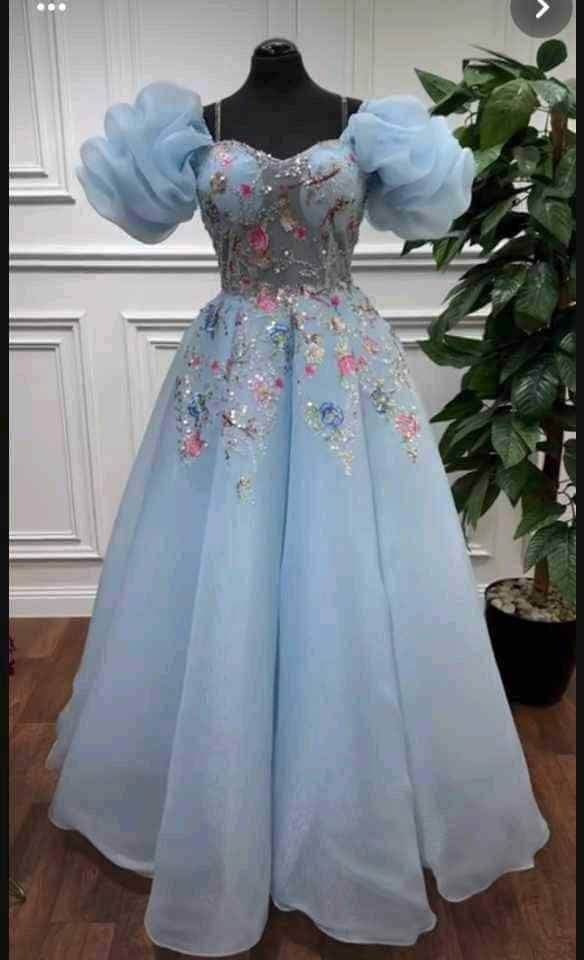 Elegant A Line Square Neckline Short Puffy Sleeves Blue Organza Long Prom Dresses Evening Dress C3190