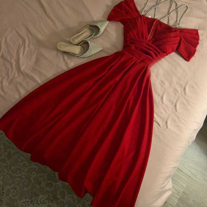 A-Line Off The Shoulder Pleated V-Neck Spaghetti Strap Prom Dresses Evening Dress C3196