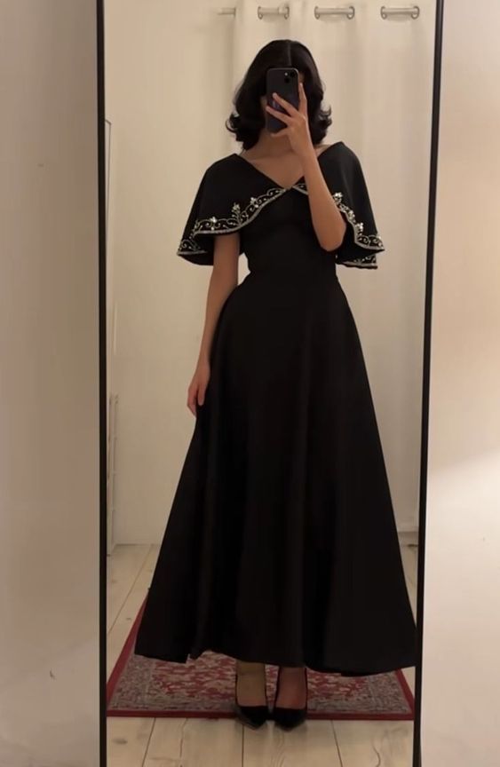 Elegant A line Short Sleeves Black V Neckline Satin Party Dress Prom Dresses Evening Dress C3200