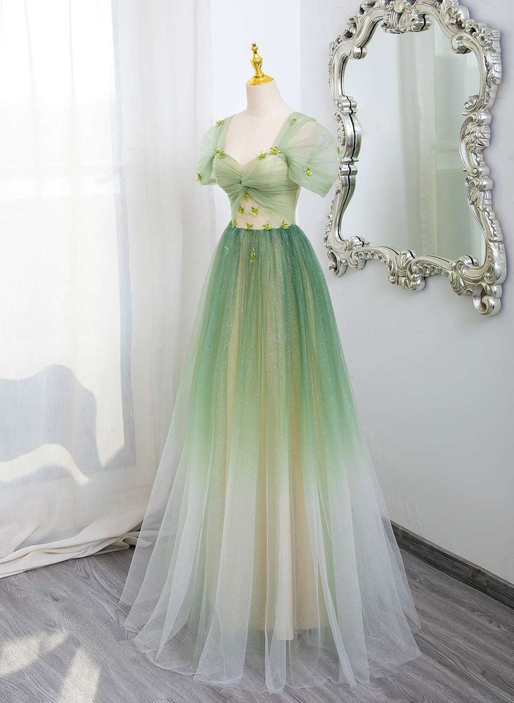 Elegant A line Sweetheart Short Sleeves Ombre Green Tulle Party Dress Prom Dresses Evening Dress C3202