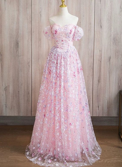 Pink Lace A-line Sweetheart Off Shoulder Simple Prom Dress Pink Lace Prom Dresses C3206