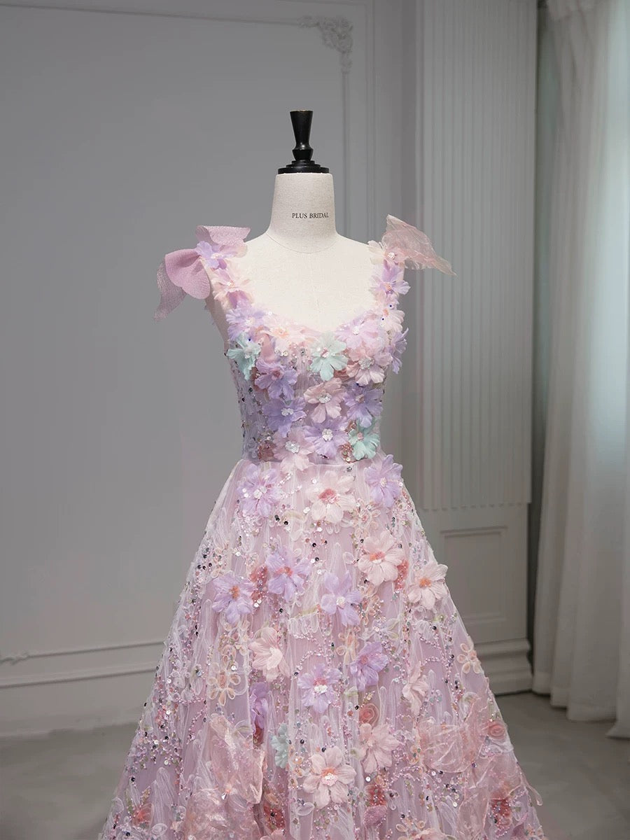 Elegant A line Square Neckline Sleeveless Floral Pink Tulle Party Dress Prom Dresses Evening Dress C3208