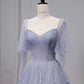 Chic Ball Gown Strapless Blue Tulle Long Prom Dresses With Beads Party Dress C3209