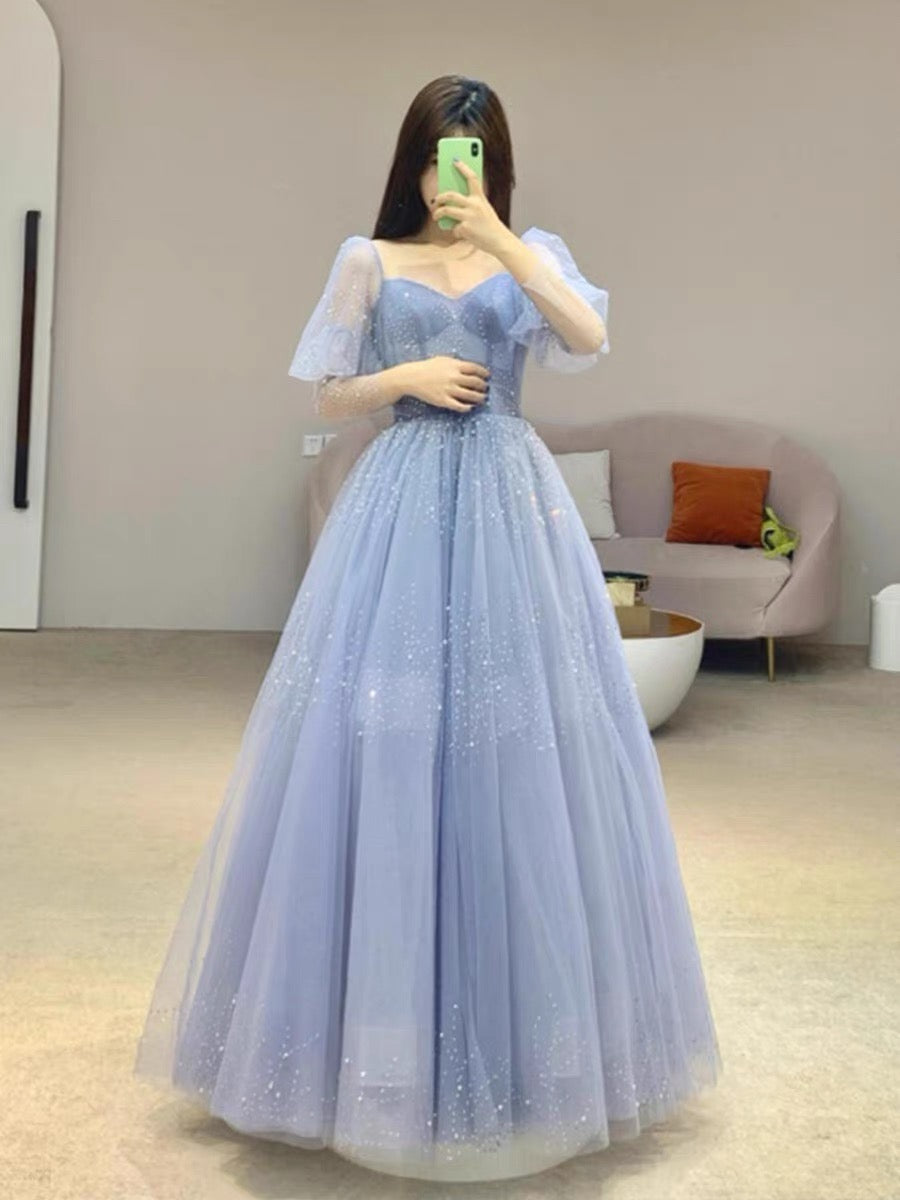 Chic Ball Gown Strapless Blue Tulle Long Prom Dresses With Beads Party Dress C3209